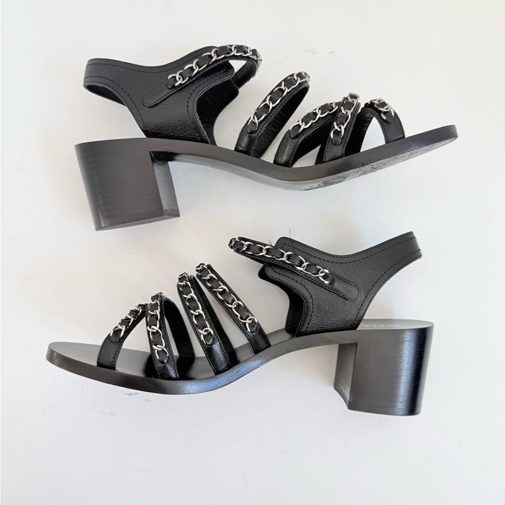 Chanel 20C Chain Strap Sandals Black Calfskin Silver Chain Heel Sandals EU 39.5 - Picture 5 of 10